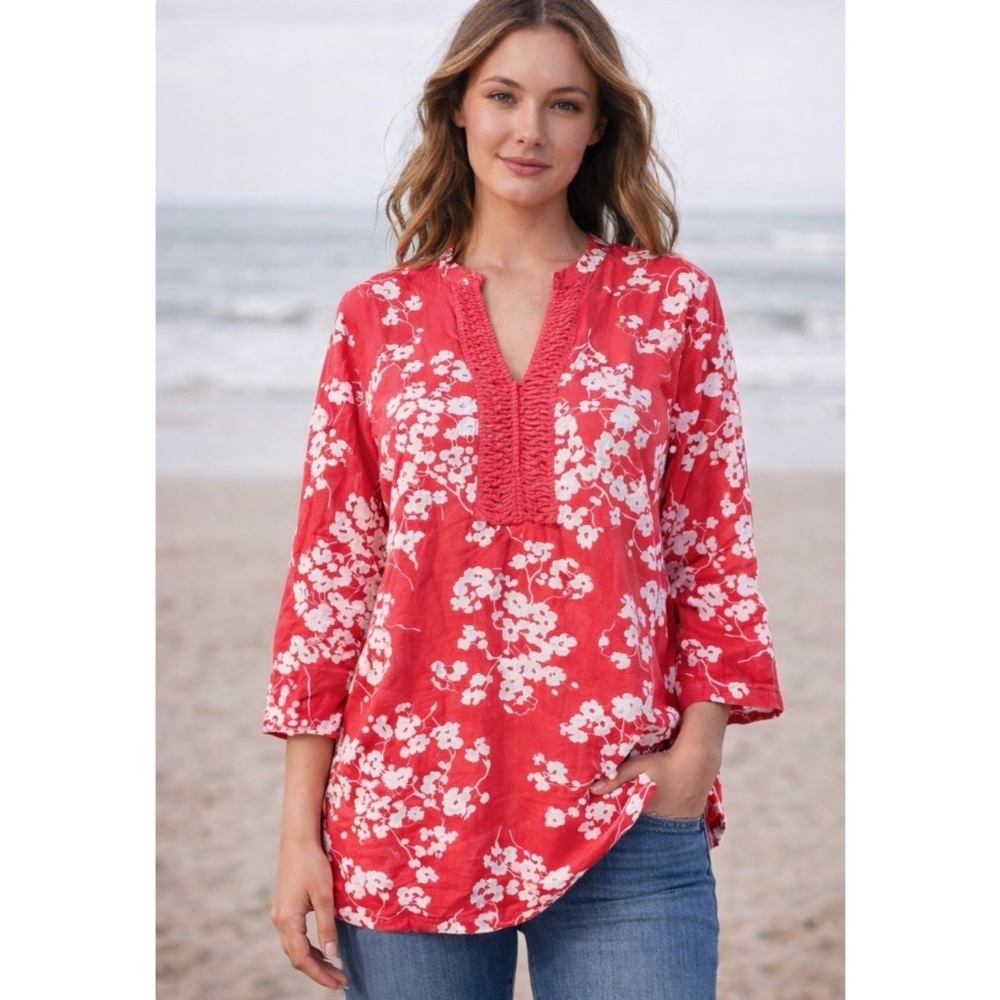 BODEN | Red and White Floral Print 100% Linen 3/4 Sleeves Tunic Top Blouse Sz. 6